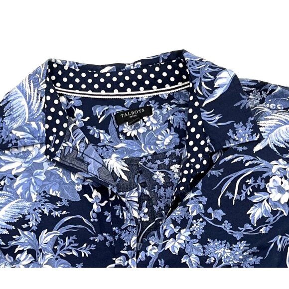 Talbots Womens Sm Petite Floral Button-Up Shirt Contrast Collar Navy Periwinkle - Picture 6 of 12